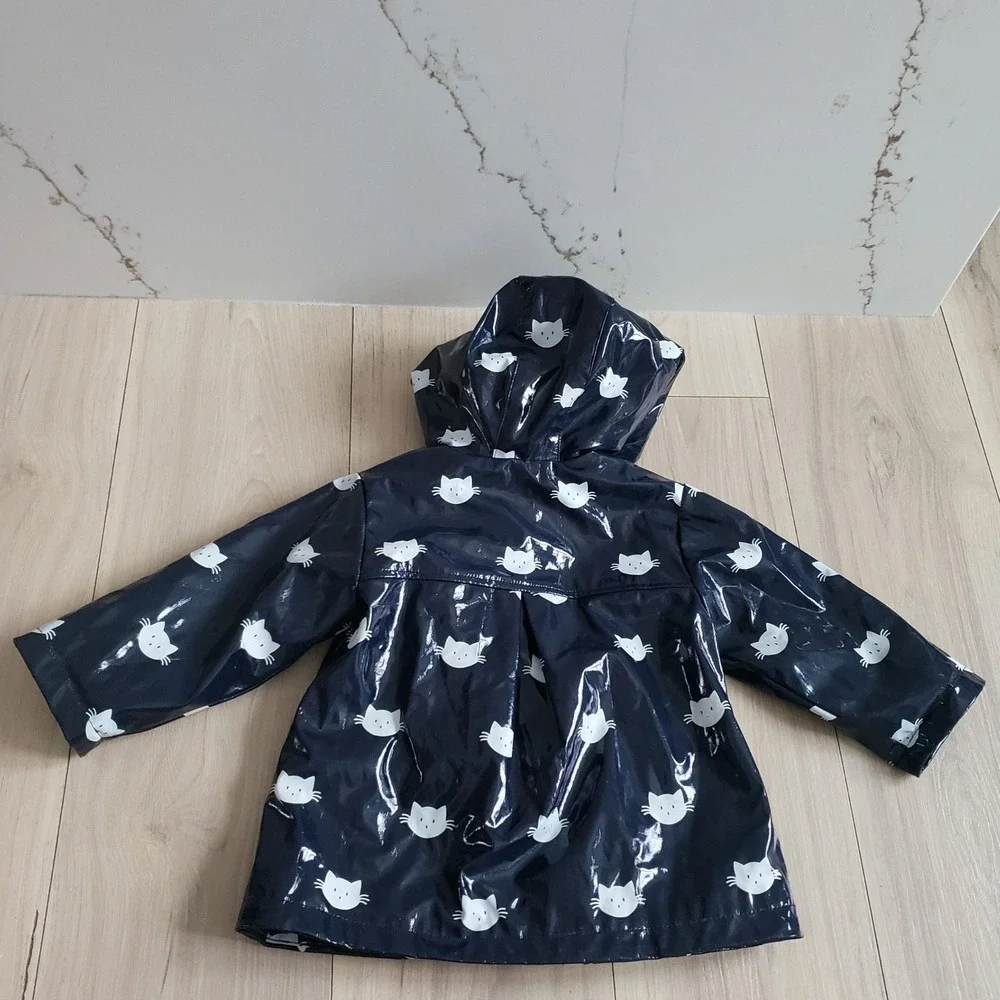 Jacadi Paris Raincoat Girls 24M Navy Cat Print Vinyl Hooded Waterproof Jacket - Picture 2 of 7